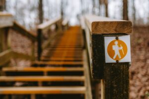 Wanderwegschild an einer Holztreppe im herbstlichen Wald